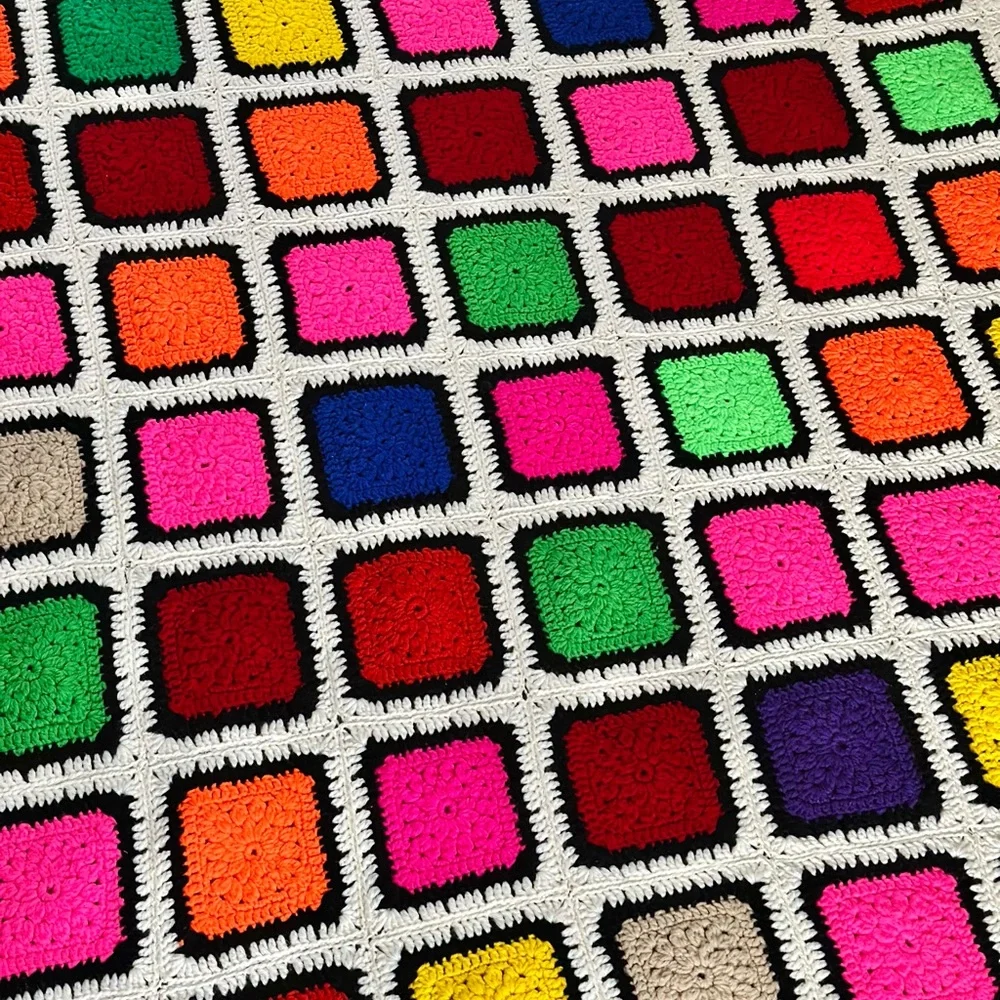 Vintage Colorful Crochet Afghan Blanket - Granny Squares